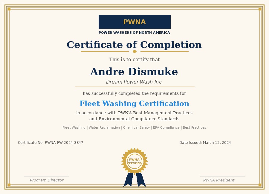 PWNA Fleet Washing Certificate